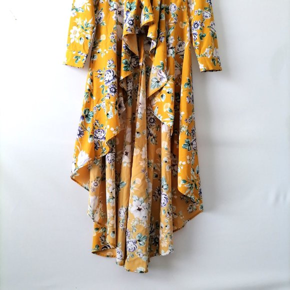 Shein Womens Yellow Clasi Floral Print Self Belted Ruffle Dip Hem Blouse Size L - Picture 3 of 7